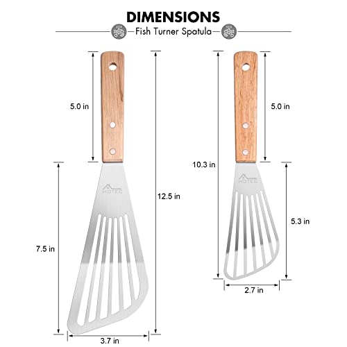 HOTEC 2pcs Stainless Steel Wooden Handle Fish Spatula, Metal Spatula Flipping Foods