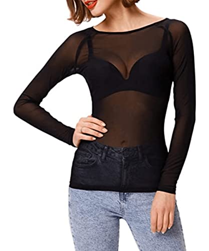 Womens Sheer Mesh Tops Shirts, Long Sleeve Mock Neck See-Through Slim Ladies Blouse T-Shirt Clubwear