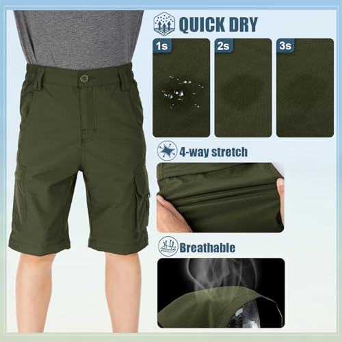 linlon Kids' Cargo Pants, Boy's Casual Outdoor Quick Dry Waterproof Hiking Climbing Convertible Trousers #9016-Army Green-XXS