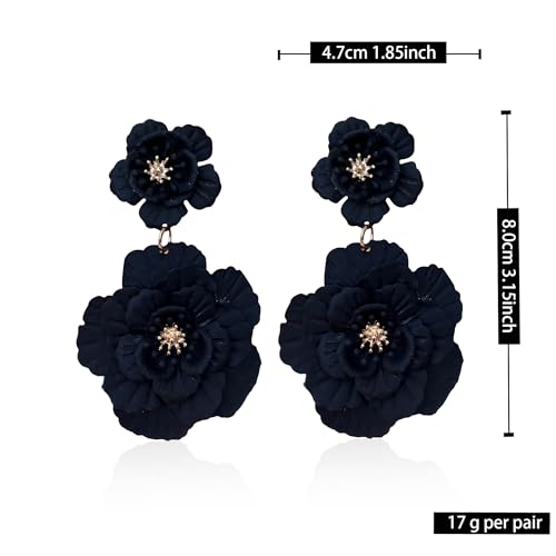 Just Follow Large Double Flower Earrings Candy Color Metal Flower Dangle Earrings Romantic Boho Sweet Flower Statement Earrings for Women Girl Wedding Party Jewelry (Black)