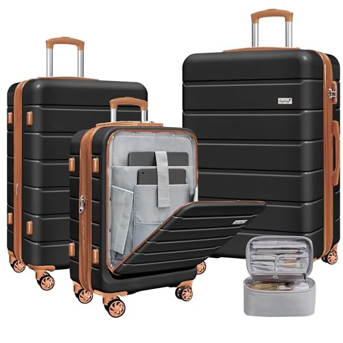 KEYTANG SmileLine Hardside Expandable Luggage W/Quick Access Front Open Pocket Lightweight Carry-on with Makeup Bag, Black, 3 Piece Set