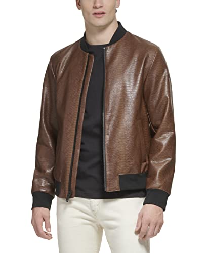 DKNY Men's Faux Leather Varsity Bomber Jacket, Varisty Brown Snake Embossed