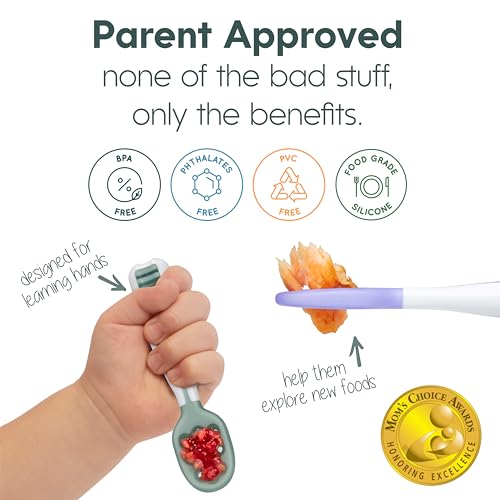 NumNum Baby Spoons Set, Silicone Pre-Spoon GOOtensils for Kids Aged 6+ Months - First Stage, Baby Led Weaning (BLW), Teething Spoon - Travel Case + 2 Spoons, Beige/Glacier Green