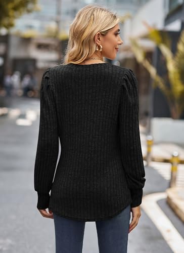 Vanfany Womens Puff Long Sleeve Sweaters Casual Crew Neck Knitted Shirts Tops Fall Blouses Clothes Black s