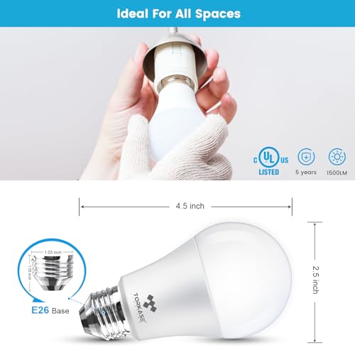 Torkase A19 LED Bulbs 100 Watt Equivalent, 13W 1500 Lumens Very Bright and Energy Saving, Non-Dimmable, 2700K Warm White, Standard E26 Medium Base Bulk Lighting Bulb, 30000 Hour Lifetime(Pack of 4)
