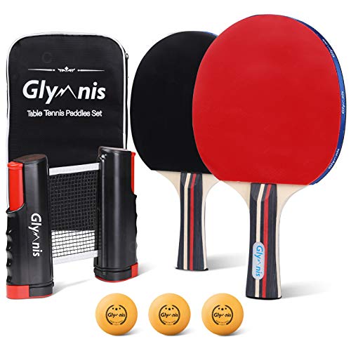 Glymnis Ping Pong Paddle Set Table Tennis Set with Retractable Net, Table Tennis Rackets, Balls and Carry Bag, Ping Pong Game Accessories for Indoor Outdoor