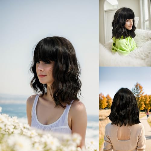 Romantic Angels Blonde Wavy Bob Wig with Bangs Synthetic Shoulder Length Wigs for Women Medium Length Hair Wig for Women