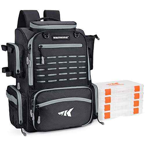 KastKing Bait Boss Fishing Tackle Backpack with Rod Holders-4 Tackle Boxes-Rain Cover,43L Large Storage for Fishing Gear,Black