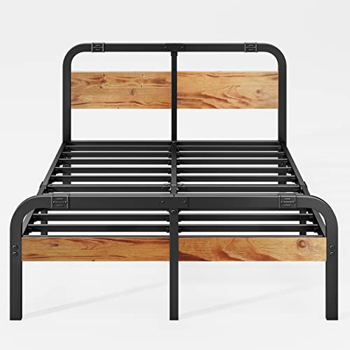Breezehome Twin Bed Frames with Wooden Headboard, Heavy Duty Platform Metal, No Box Spring Needed, Strong Metal Slats Support, Noise-Free, Twin Size