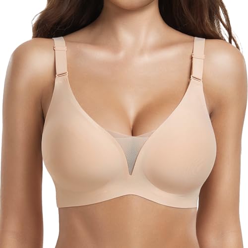 GXOULRRA Mesh Bras for Women No Underwire Buttery Soft Bralettes for Women Adjustable Everyday Bras with Extra Extender-Beige, S