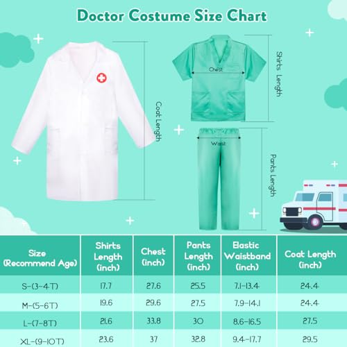 Meland Doctor Costume for Kids - Kids Scrubs with Lab Coat & Carry Bag, Doctor Dress Up for Halloween, Career Day Role Play(Green,3-4 Years)