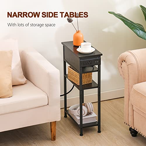AMHANCIBLE Narrow Side Table with Charging Station, End Table for Small Spaces, Skinny Nightstand with Storage Shelf, Narrow End Table with USB Ports, Black HETN04BK
