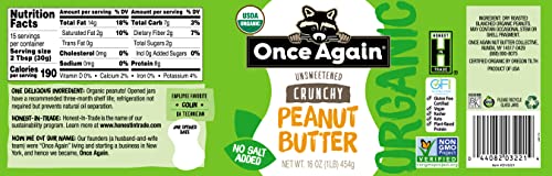 Once Again Organic Crunchy Peanut Butter, 16oz - Salt Free, Unsweetened - USDA Organic, Gluten Free Certified, Vegan, Kosher - Glass Jar