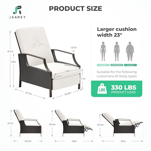 JEAREY Outdoor Recliner Chair,PE Wicker Patio Lounge Chairs with Extended Footrest,Indoor Adjustable Reclining Patio Chairs with Pillow for Pool,Backyard,Living Room,Bedroom,Cream White