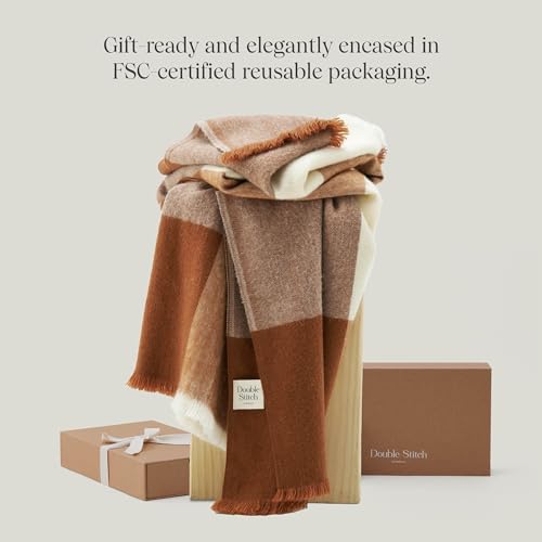 Double Stitch by Bedsure Alpaca Wool Throw Blanket - Soft Warm Blanket for Couch - Luxury Decorative Fleece Blanket, Fall Plaid Blanket, Perfect House Warming Gift, 50" x 60", Harvest Brown & Cream