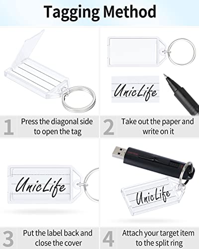 Uniclife 10 Pieces Key Tags 2 Inch Plastic Key Chain Tags with Ruled Blank Paper Labels Transparent Covers and Split Rings Sturdy Item Identifiers, White