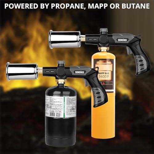 Sondiko Powerful Grill & Cooking Propane Torch L8010, Sous Vide, Campfire Starter, Adjustable Wood Torch Burner for Searing Steak, BBQ, Welding(Black, Grey) Propane Tank Not Included
