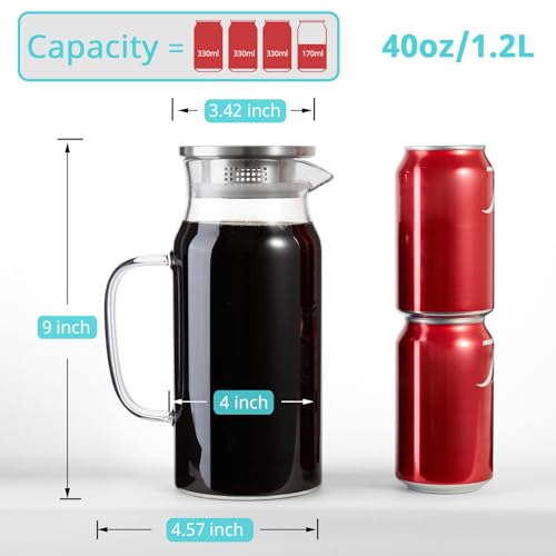 1.2 Liter 40 oz Small Glass Pitcher with Lid and Spout, Glass Carafe for Hot/Cold Water, Iced Tea Jug for Coffee, Juice and Homemade Beverage