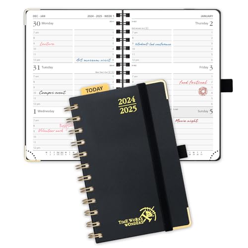 POPRUN Small Planner 2024-2025 (4''x 6.25'') Academic Planner Weekly and Monthly (July 24-June 25) Spiral Planner with Hourly Time Slots, Hard Cover, Wirebound, for Purse, 100 GSM - Black