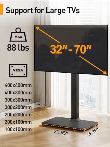 Perlegear Floor TV Stand with Mount for 32-70 inch TVs up to 88lbs, Floor Standing TV Stand with 9 Height Adjustment, Swivel TV Stand for Living Room with Wood Base, Max VESA 400x400mm, PGFS09