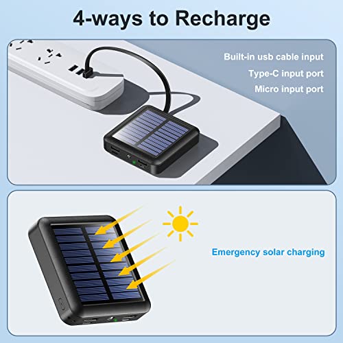 Kelaien Solar Power Bank 12000mAh,Small Solar Charger Built in 4 Cables,USB C Input/Output,Dual Flashlight External Battery Portable Charger Power Bank for iPhone,Tablet,Samsung