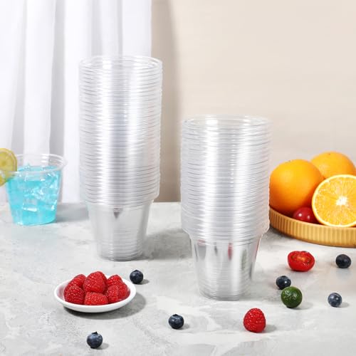 FUFF 9 oz Clear Plastic Cups, 100 Count Disposable Cold Drink Cups, PET Plastic Party Cups for Beer, Iced Coffee, Water, Juice, Soda, Smoothie, Beverage