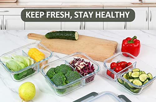 M MCIRCO [5-Pack,36 Oz] Glass Meal Prep Containers 2 Compartments Portion Control with Upgraded Snap Locking Lids Glass Food Storage Containers, Microwave, Oven, Freezer and Dishwasher (4.5 Cups)