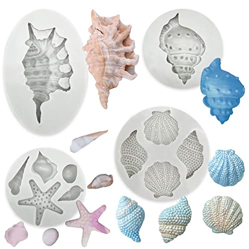 4 PCS Marine Theme Cake Fondant Silicone Mold Seashell Conch Starfish Baking Molds for DIY Cake Decoration Chocolate Candy Polymer Clay Crafting Projects