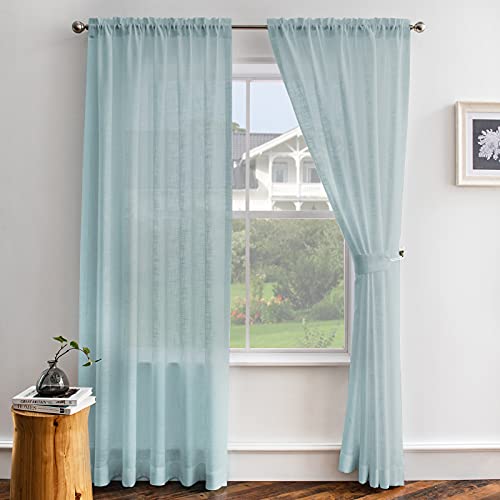 Melodieux Aqua Linen Textured Semi Sheer Curtains 63 Inch Length for Bedroom Living Room Natural Flax Linen Rod Pocket Voile Drapes, 52 by 63 Inch (2 Panels)