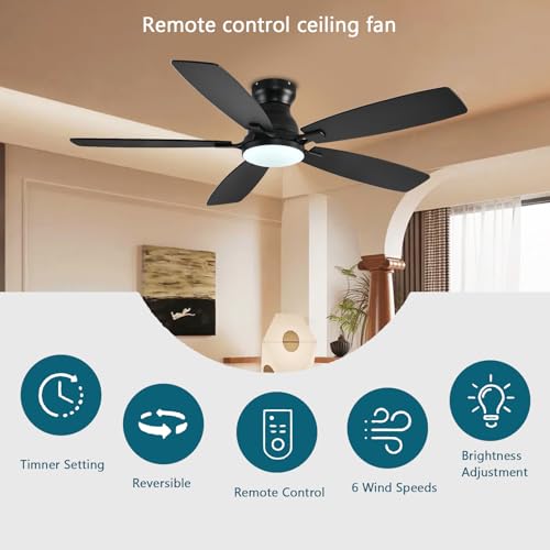 JSAITEE Ceiling Fans with Lights, 52 Inch Low Profile Ceiling Fan with Light and Remote Control, Flush Mount, DC Reversible Motor, Noiseless, Black 6 Speeds Ceiling Fan for Bedroom