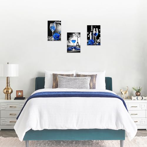 DOARTDO 3 Piece Wine Wall Art Black and White With Blue Kitchen Painting Wine Rose Prints Eiffel Tower Canvas Pictures Dining Room Home Decor (11x14inchx3P, Blue)