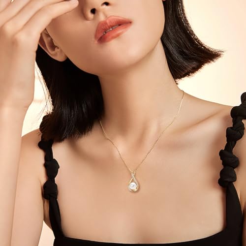 Pearl Necklace for Women, Freshwater Cultured Dainty Gold Single Pearl Pendant Necklace with Moissanite Diamond Wedding Jewelry Gift for Bride Bridesmaid (8mm)