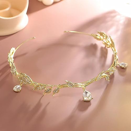 MR Crystal Leaf Wedding Tiara for Bride, Bridal Forehead Diadem Headband, Gold Costume Party Crown Headpiece Festival Holloween Hair Accessories for Women