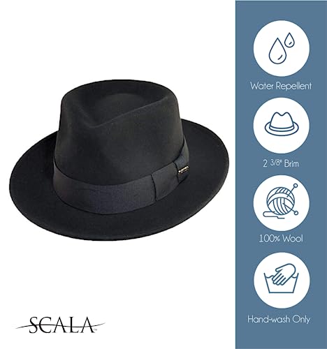 Scala Classico Men's Crushable Water Repelant Wool Felt Fedora Hat, Black, Medium
