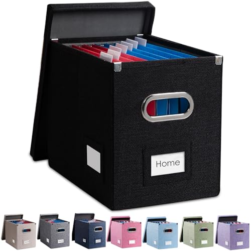PRANDOM File Organizer Box - Set of 1 Collapsible Decorative Linen Filing Storage Hanging File Folders with Lids Office Cabinet Letter Size Black (14x9.3x10.8 inch)