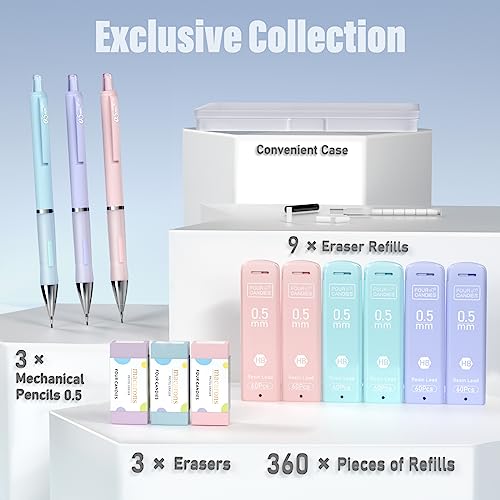 Four Candies 0.5 Mechanical Pencil Set, with 0.5mm #2 Lead Refills, Pastel Erasers & Eraser Refills, 13-Count Pack, Cute Aesthetic School Supplies for Writing, Drawing and Sketching