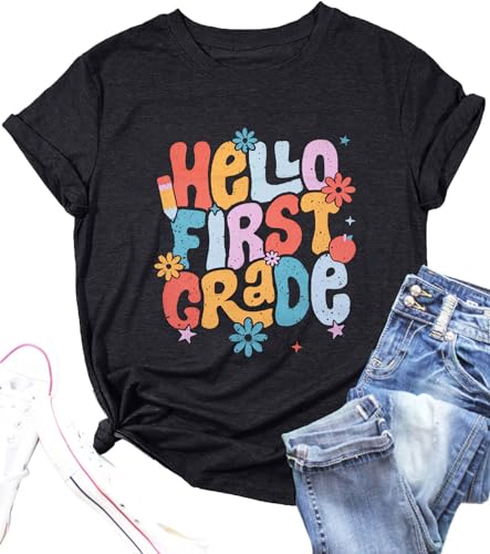 Teacher Shirt Women First Day of School T-Shirt Back to School Tshirt Kindergarten Crew Shirt Teacher Gift Tops