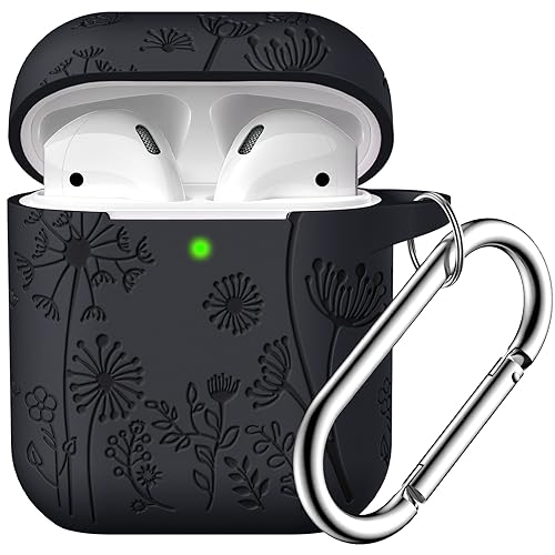 Lerobo for AirPods Case 2nd/1st Generation Case Cover, Flower Engraved Full Protective Case Compatible with Apple AirPod Charging Case with Keychain Soft Silicone Pattern Front LED Visible, Orange