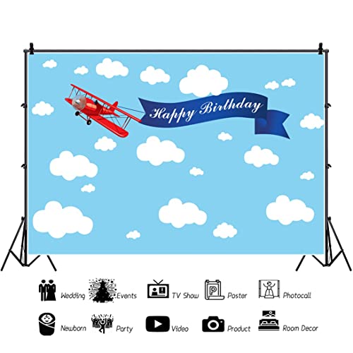 Baocicco 5x3ft Happy Birthday Red Plane Backdrop Cartoon Plan Blue Sky White Cloud Happy Birthday Photography Background Birthday Party Backdrop Boy Girl Photo Portraits Studio Video Props Booth