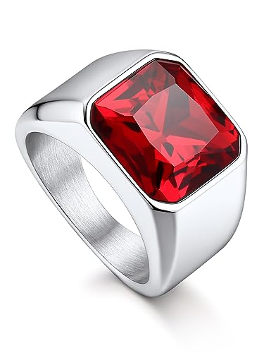 Bandmax Stainless Steel Wedding Band for Men Ruby Stone Rings Mens Signet Ring Statement Ring Red Cubic Zirconia Crystal Cocktail Ring Size 10 Gift for Dad Husband