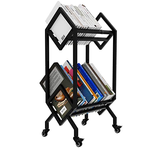 VEDECASA Bookshelf Book Rack Industrial Metal Bookcase 2 Tier Holder with Wheels Modern Stylish Design Magazines Files Album Recipe Book Storage Organizer for Sofa End Bed Beside