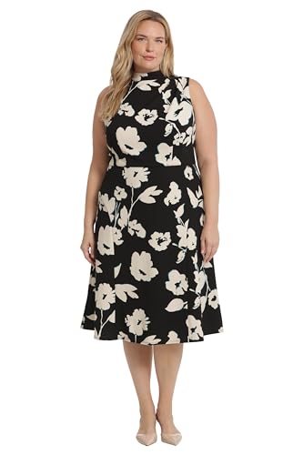 Maggy London Women's Plus Size High Neck Empire Waist Midi Dress Career Workwear, Bloom-Black/Cream