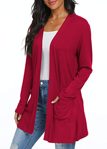 QIXING Women's Casual Lightweight Cardigan Long Sleeve Soft Draped Ruffles Open Front Cardigan Purple Red-M