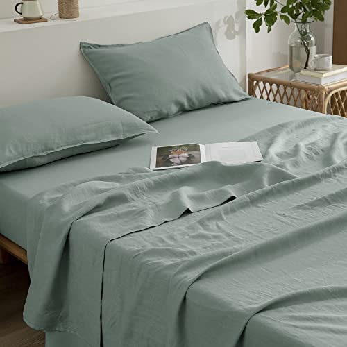 EVERLY Linen Sheets Set Queen Size,100% French Stonewash Pure Linen Sheets Set,4Pieces (1Flat Sheet,1Fitted Sheet,2Pillowcase) Suitable for Hot Sleepers,Deep Pocket Natural Bedding Set-Navy Blue