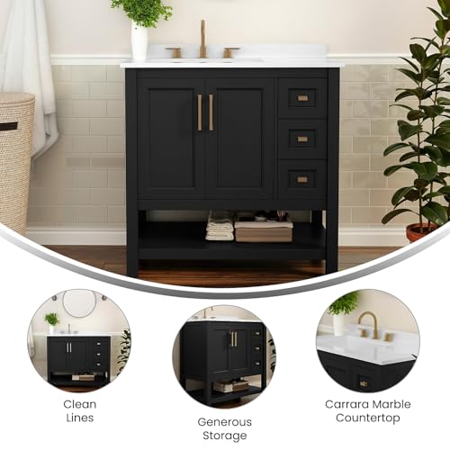 Flash Furniture Vega 36 Inch Bathroom Vanity with Sink, Storage Cabinet with Soft Close Doors, Open Shelf and 3 Drawers, Carrara Marble Finish Countertop, Black/Gold