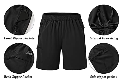 BGOWATU Men's Athletic Hiking Shorts Stretch Quick Dry Sports Gym Shorts with Zipper Pockets for Fishing Travel Black XXXL