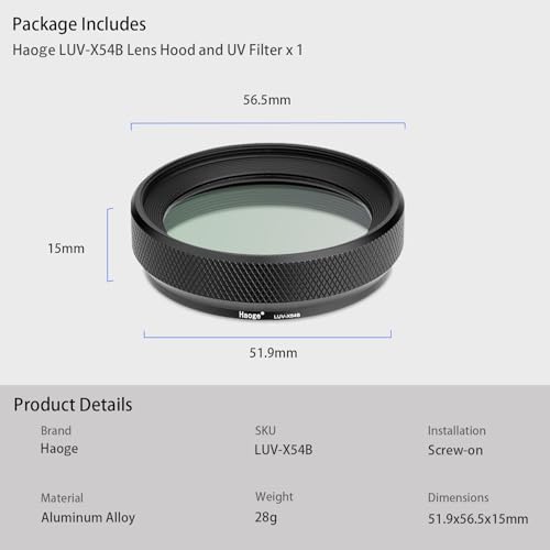 Haoge LUV-X54B Metal Lens Hood with MC UV Protection Multicoated Ultraviolet Lens Filter for Fujifilm X100VI Fuji X100V Camera Black