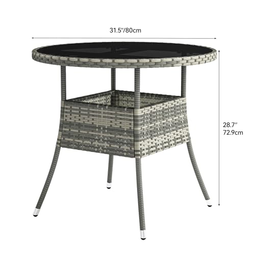 YITAHOME 31.5" Patio Table for 4-Person, Outdoor Patio Wicker Round Dining Table, All-Weather Rattan Bistro Dining Table w/Glass Tabletop for Backyard Deck Porch Poolside, Gray