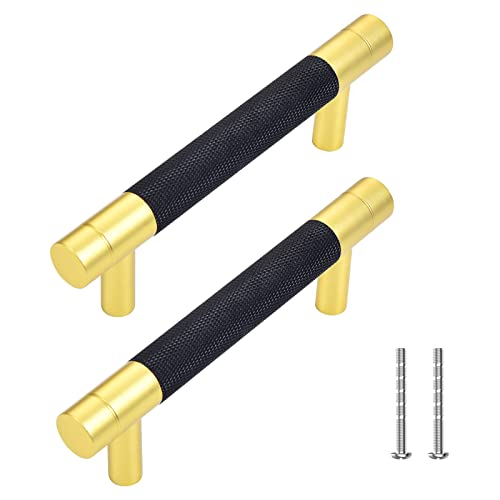 TRUSTMI Cabinet Pulls 10 Packs 3-3/4 Inch Hole Center Drawer Pulls Knurling Diamond Pattern Bathroom Hardware Kitchen Cupboard Handles, Matte Black and Gold