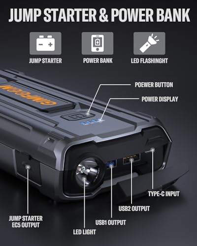 Car Jump Starter, 3000A Jump Starter Battery Pack for Up to 9.0L Gas or 7.5L Diesel Engine, 12V Car Battery Jump Starter, Jump Box with LED Light, Storage Case, and Dual USB Output.